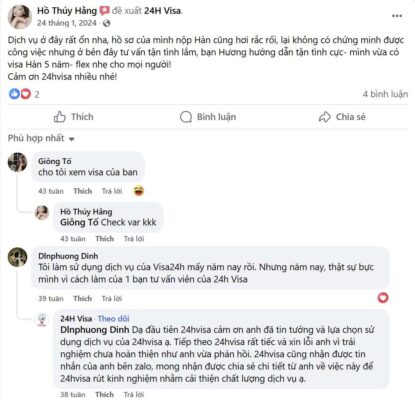 đánh giá từ khách hàng trên Facebook của 24h Visa