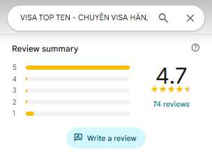 Visa Top Ten Có Uy Tín Không? Tổng Hợp Đánh Giá Từ Khách Hàng 2026 10 Ảnh chụp màn hình đánh giá của Visa Top Ten trên Google Maps, hiển thị điểm số 4.7 sao từ 74 lượt nhận xét, với đa số khách hàng đánh giá 5 sao.
