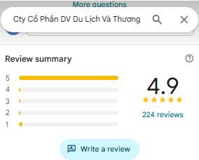 Visa Tân Văn Lang Có Uy Tín Không? Tổng Hợp Đánh Giá Từ Khách Hàng 2026 13 Tóm tắt đánh giá trên Google cho Công ty Cổ phần DV Du Lịch và Thương mại, hiển thị điểm xếp hạng xuất sắc 4,9 sao từ 224 bài đánh giá.