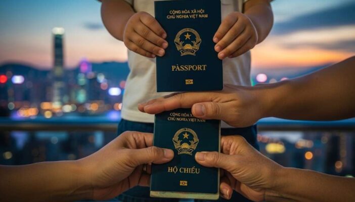 Ba thế hệ trong một gia đình Việt Nam cùng cầm hộ chiếu, chuẩn bị cho chuyến du lịch Hong Kong.