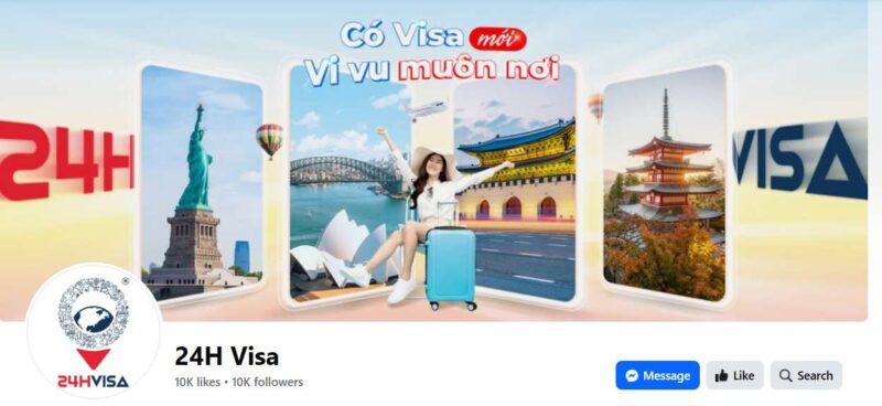Hình ảnh Fanpage Facebook chính thức của 24H Visa với hơn 10.000 người theo dõi, nổi bật với slogan "Có Visa mới, Vi vu muôn nơi" và hình ảnh các địa danh nổi tiếng thế giới.