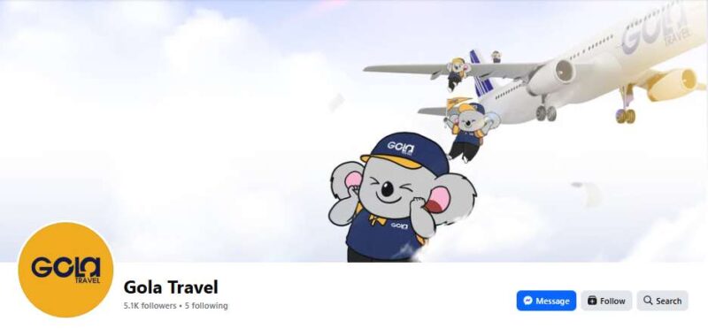 Gola Travel Có Uy Tín Không? Tổng Hợp Đánh Giá Từ Khách Hàng 2026 11 Ảnh chụp màn hình fanpage Facebook chính thức của Gola Travel, hiển thị logo, 5.1 nghìn người theo dõi và ảnh bìa với linh vật gấu koala đáng yêu.