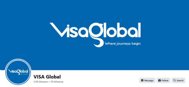 Giao diện fanpage Facebook chính thức của VISA Global với hơn 5.9 nghìn người theo dõi, nổi bật với logo và slogan "Where journeys begin".