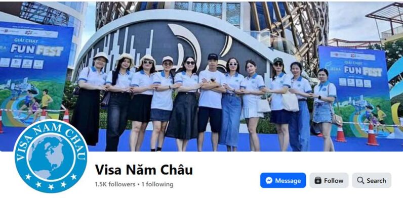 Giao diện fanpage Facebook của Visa Năm Châu với 1.5 nghìn người theo dõi, nổi bật là hình ảnh đội ngũ tham gia sự kiện "Giải Chạy Fun Fest". 