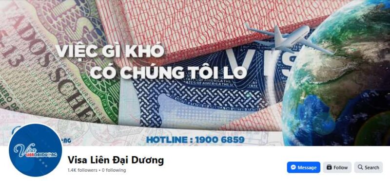 Giao diện fanpage Facebook của Visa Liên Đại Dương với 1.4 nghìn người theo dõi, nổi bật với slogan "Việc gì khó có chúng tôi lo".