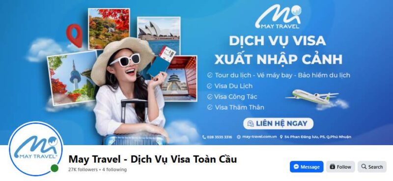 Ảnh chụp màn hình fanpage Facebook 'May Travel - Dịch Vụ Visa Toàn Cầu', hiển thị ảnh bìa quảng bá các loại visa du lịch, công tác, thăm thân và 27K người theo dõi.