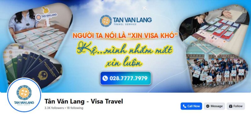 Visa Tân Văn Lang Có Uy Tín Không? Tổng Hợp Đánh Giá Từ Khách Hàng 2026 16 Giao diện fanpage Tân Văn Lang - Visa Travel với slogan tự tin "Người ta nói là xin visa khó. Kệ..mình nhắm mắt xin luôn".
