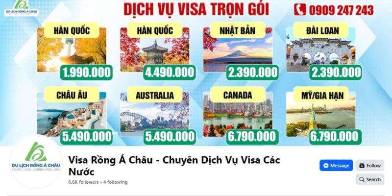 Visa Rồng Á Châu Có Uy Tín Không? Tổng Hợp Đánh Giá Từ Khách Hàng 2026 14 Ảnh chụp màn hình fanpage Facebook của Visa Rồng Á Châu, hiển thị ảnh bìa là bảng giá dịch vụ visa trọn gói đi Hàn Quốc, Nhật Bản, Châu Âu, Mỹ và các nước khác.