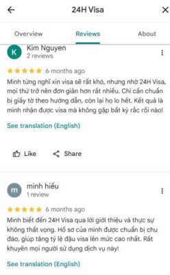 Feedback tích cực từ khách hàng hài lòng với 24H Visa, nhấn mạnh việc quy trình xin visa trở nên đơn giản, hồ sơ được chuẩn bị chu đáo và không gặp rắc rối.