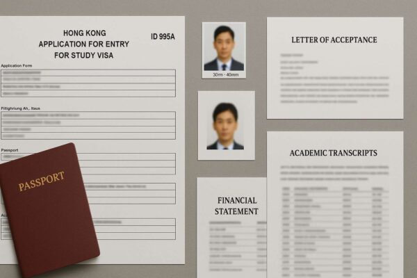 Các giấy tờ cần thiết để xin visa du học Hong Kong, nổi bật là đơn ID995A và thư mời nhập học.