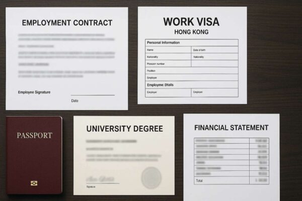 Các giấy tờ cần thiết cho hồ sơ xin visa lao động Hong Kong, bao gồm hợp đồng lao động và bằng cấp.