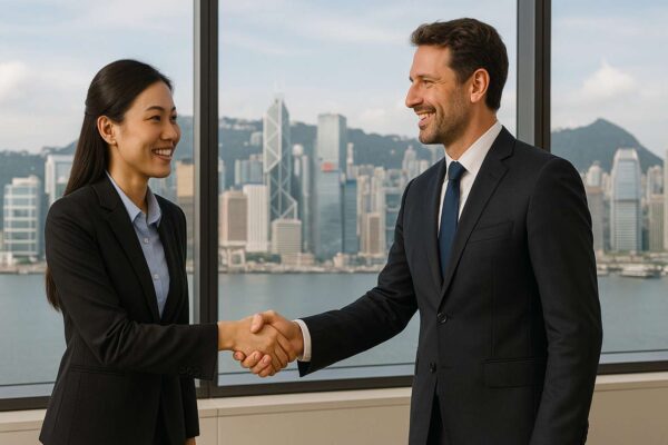 Hai doanh nhân bắt tay hợp tác trong văn phòng hiện đại với tầm nhìn ra toàn cảnh Hong Kong.