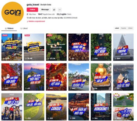 Gola Travel Có Uy Tín Không? Tổng Hợp Đánh Giá Từ Khách Hàng 2026 12 Ảnh chụp màn hình kênh TikTok chính thức của Du lịch Gola (@gola_travel), hiển thị các video quảng bá tour Hàn Quốc, Canada, Châu Âu... với hàng chục nghìn lượt thích và các video ghim nổi bật.