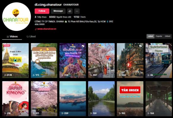 Giao diện kênh TikTok chính thức của OHANATOUR (@go.with.ohanatour) với hơn 8.300 follower, hiển thị thông tin liên hệ và website. 