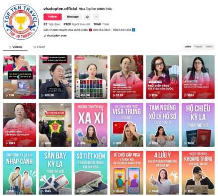 Visa Top Ten Có Uy Tín Không? Tổng Hợp Đánh Giá Từ Khách Hàng 2026 14 Ảnh chụp màn hình kênh TikTok chính thức của Visa Top Ten (@visatopten.official), hiển thị thông tin giới thiệu 17 năm kinh nghiệm và Lưới video với các nội dung tư vấn visa chuyên nghiệp, thu hút hàng trăm nghìn lượt xem.