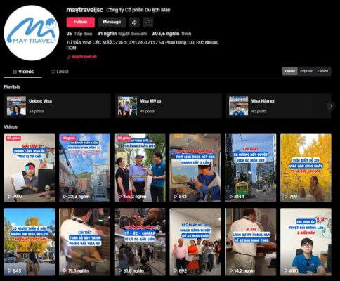 Ảnh chụp màn hình kênh TikTok của May Travel (@maytraveljsc), chuyên tư vấn visa Mỹ, Úc, Hàn Quốc với các video hàng trăm nghìn lượt xem và hơn 303 nghìn lượt thích.