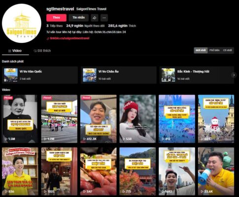 SaigonTimes Travel Có Uy Tín Không? Tổng Hợp Đánh Giá Từ Khách Hàng 2026 15 Ảnh chụp màn hình kênh TikTok của SaigonTimes Travel (@sgtimestravel), nổi bật với các video triệu view, 24.9 nghìn người theo dõi và các danh sách phát tour Hàn Quốc, Châu Âu.
