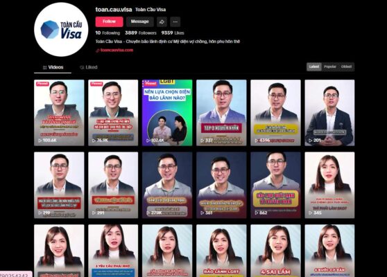 Toàn Cầu Visa Có Uy Tín Không? Tổng Hợp Đánh Giá Từ Khách Hàng 2025 15 Giao diện kênh TikTok chính thức của Toàn Cầu Visa (@toan.cau.visa) với các video tư vấn chuyên sâu về bảo lãnh định cư Mỹ diện vợ chồng, hôn phu hôn thê.