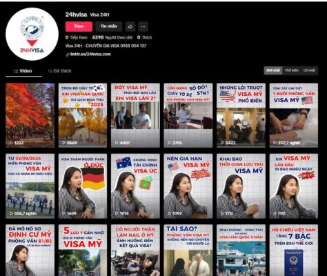 Giao diện kênh TikTok chính thức của 24H Visa (@24hvisa) với hàng loạt video tư vấn chuyên sâu về cách xin visa Mỹ, Úc, Hàn Quốc và kinh nghiệm phỏng vấn từ chuyên gia.