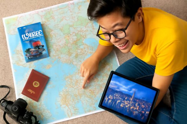 Một người đang lên kế hoạch cho chuyến du lịch Hong Kong tự túc với bản đồ và sách hướng dẫn.