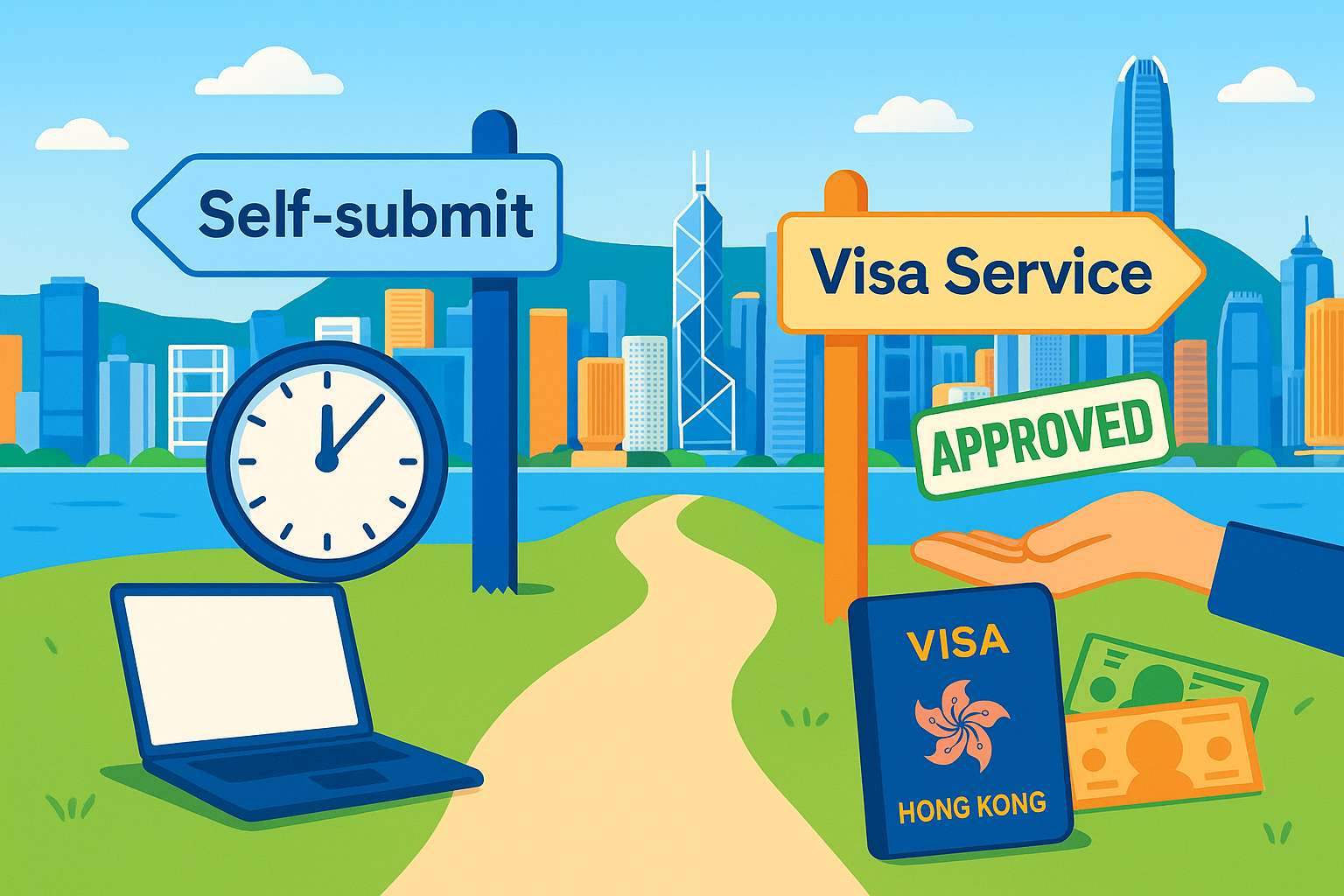 Minh họa lựa chọn giữa tự nộp hồ sơ visa Hong Kong và sử dụng dịch vụ
