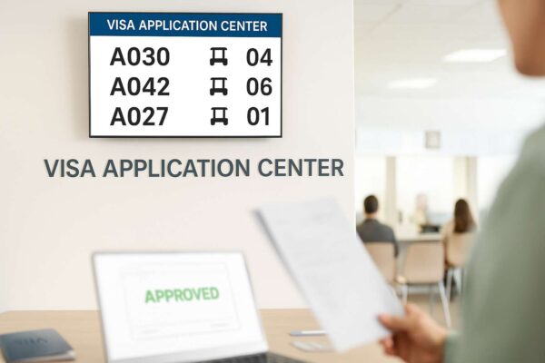 Khung cảnh bên trong một Trung tâm tiếp nhận Thị thực Trung Quốc (CVASC) hiện đại và có tổ chức.