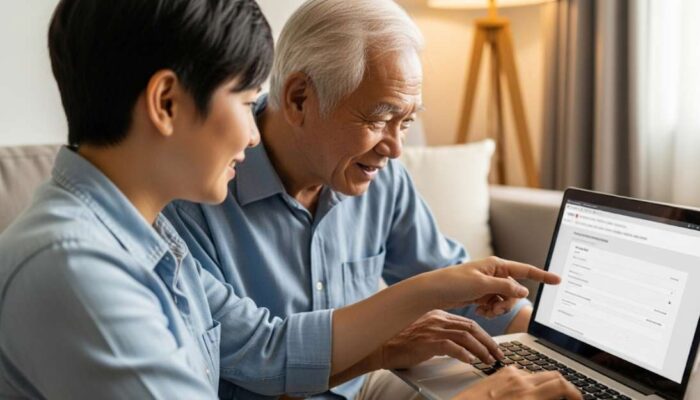 Một người con đang hướng dẫn cha mẹ lớn tuổi điền đơn xin eVisa Hong Kong online trên máy tính.