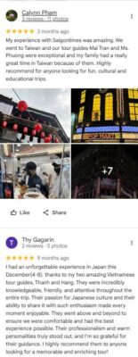 SaigonTimes Travel Có Uy Tín Không? Tổng Hợp Đánh Giá Từ Khách Hàng 2026 12 Tổng hợp các đánh giá 5 sao của khách hàng quốc tế dành cho Saigontimes Travel sau các chuyến đi Đài Loan, Nhật Bản và Thái Lan, đặc biệt khen ngợi đội ngũ hướng dẫn viên chuyên nghiệp và tận tâm.
