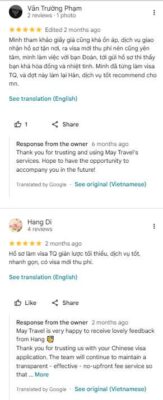 Tổng hợp các đánh giá 5 sao của khách hàng dành cho May Travel, khen ngợi dịch vụ làm visa đi Trung Quốc, Hàn Quốc, Nhật Bản nhanh chóng và đặc biệt là chính sách uy tín "có visa mới thu phí".