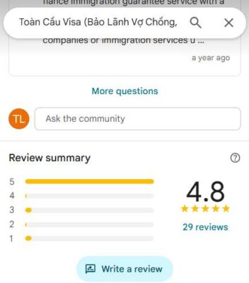 Toàn Cầu Visa Có Uy Tín Không? Tổng Hợp Đánh Giá Từ Khách Hàng 2025 11 Hình ảnh đánh giá 4.8/5 sao của khách hàng dành cho Toàn Cầu Visa trên Google Maps, minh chứng cho dịch vụ uy tín và chất lượng.