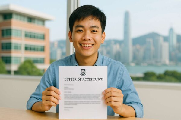Một sinh viên Việt Nam vui mừng cầm thư mời nhập học từ một trường đại học ở Hong Kong.