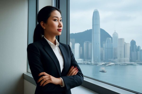 Một chuyên gia người Việt Nam tự tin nhìn ra khung cảnh thành phố Hong Kong từ văn phòng trên cao.