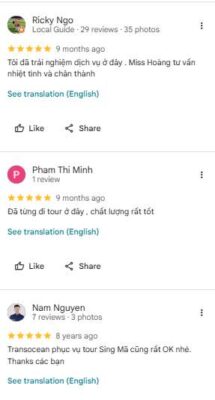 Tổng hợp các bài đánh giá 4 và 5 sao từ khách hàng dành cho Visa Liên Đại Dương, khen ngợi chất lượng tour tốt và đội ngũ tư vấn nhiệt tình.