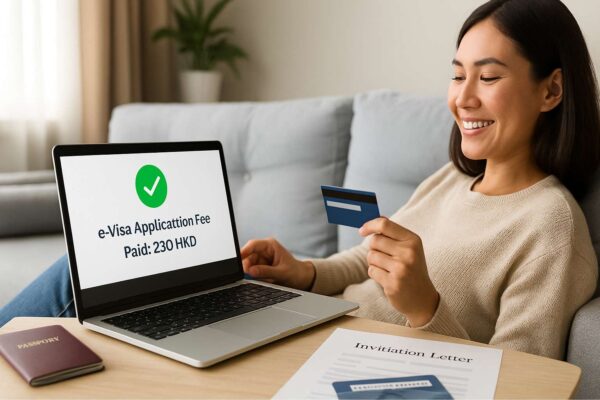 Một người tự thanh toán thành công lệ phí eVisa Hong Kong 230 HKD trên máy tính tại nhà.