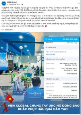 Bài đăng của VISA Global về hoạt động chung tay ủng hộ đồng bào bị ảnh hưởng bởi bão Yagi, kèm hình ảnh chuyển khoản 30 triệu đồng.