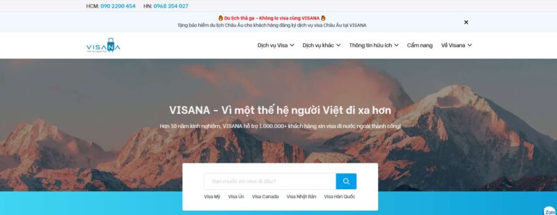 VISANA Có Uy Tín Không? Tổng Hợp Đánh Giá Từ Khách Hàng 2026 12 Giao diện trang chủ website Visana.vn với slogan "Vì một thế hệ người Việt đi xa hơn" trên nền ảnh núi non hùng vĩ.