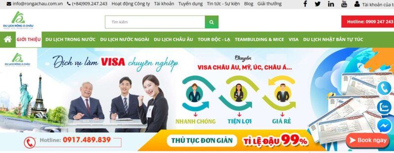 Visa Rồng Á Châu Có Uy Tín Không? Tổng Hợp Đánh Giá Từ Khách Hàng 2026 10 Ảnh chụp màn hình trang web của Du Lịch Rồng Á Châu, quảng bá dịch vụ làm visa chuyên nghiệp đi Châu Âu, Mỹ, Úc với cam kết tỉ lệ đậu 99%.