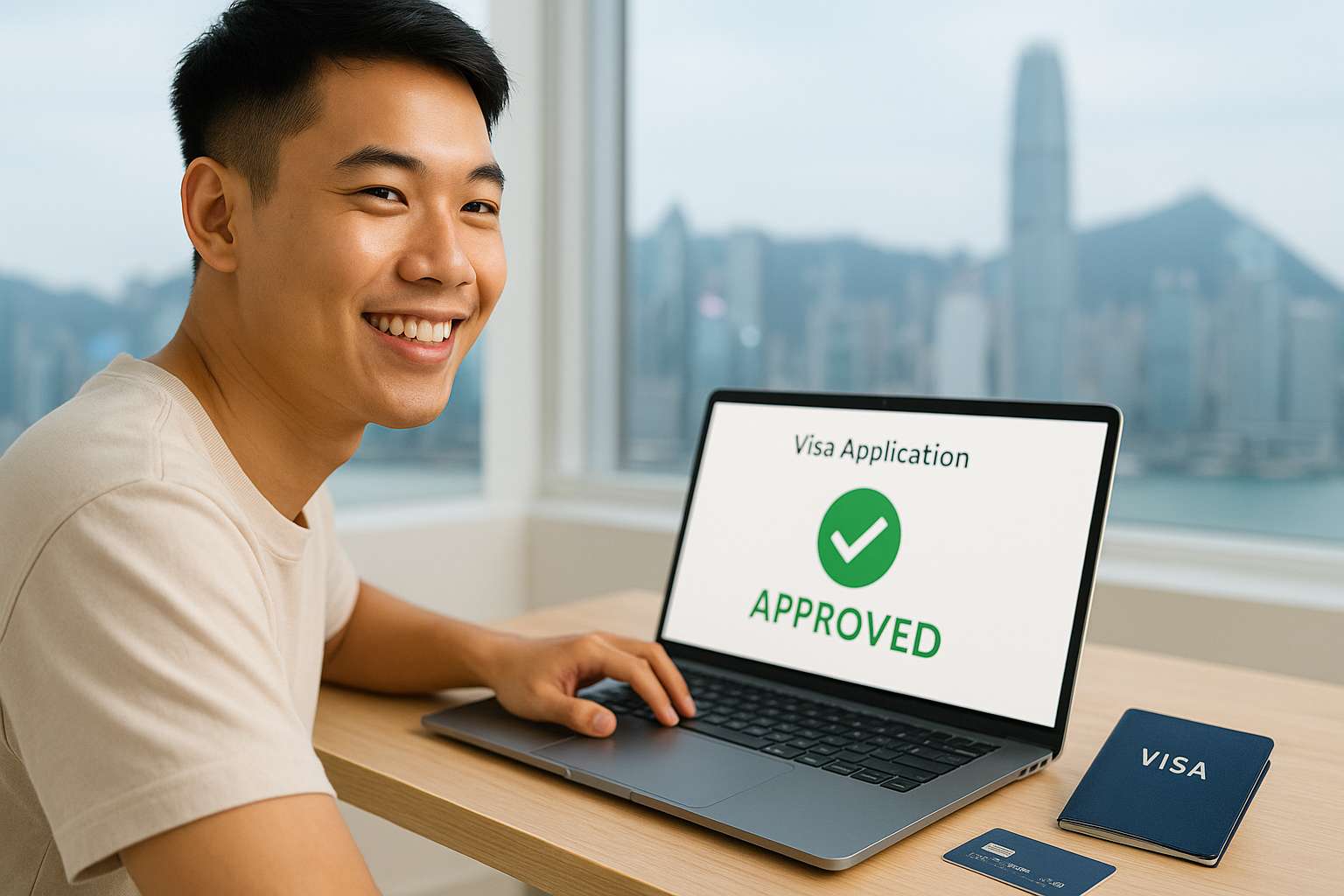 Xin Visa Hong Kong Online 2026: Hướng Dẫn Chi Tiết & Những Điều Cần Biết 32 Một người đang hoàn tất thủ tục xin visa Hong Kong online trên máy tính với khung cảnh Hong Kong phía sau.