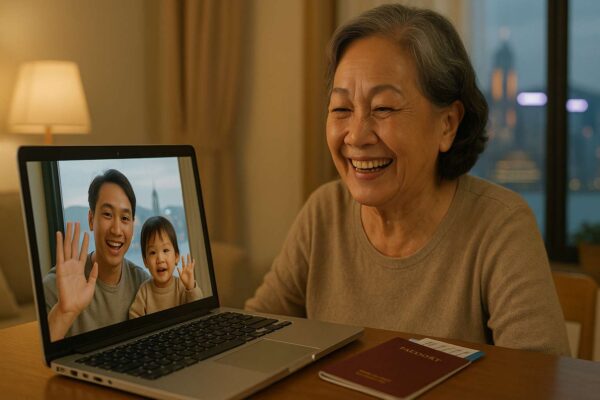 Người lớn tuổi ở Việt Nam gọi video cho con cháu ở Hong Kong, chuẩn bị cho chuyến đi thăm thân.