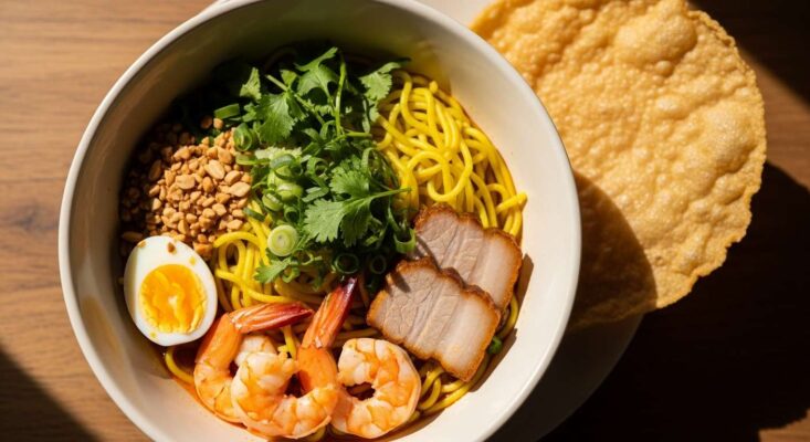 Một tô Mì Quảng đặc trưng của Đà Nẵng với sợi mì vàng, tôm, thịt, trứng cút và bánh đa.