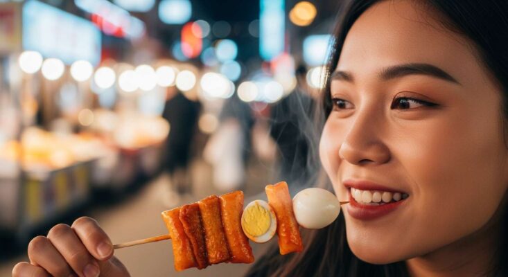 Du khách trẻ Việt Nam đang thưởng thức món Tteokbokki (bánh gạo cay) tại chợ đêm Myeongdong, Seoul.