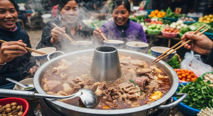 Một chảo thắng cố nóng hổi, bốc khói tại một phiên chợ vùng cao Hà Giang.