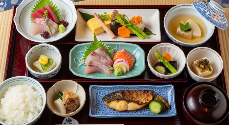 Bữa tối Kaiseki thịnh soạn, tinh tế được trình bày nghệ thuật tại một Ryokan ở Nhật Bản.