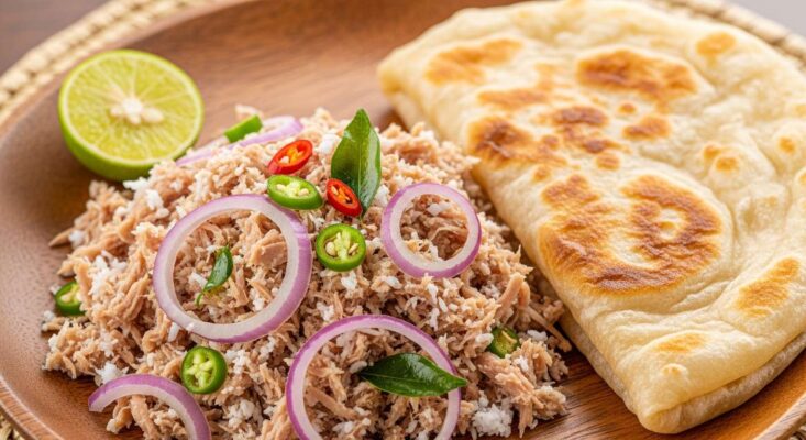 Cận cảnh món ăn sáng Mas Huni truyền thống của Maldives, gồm cá ngừ, dừa nạo và bánh roshi.