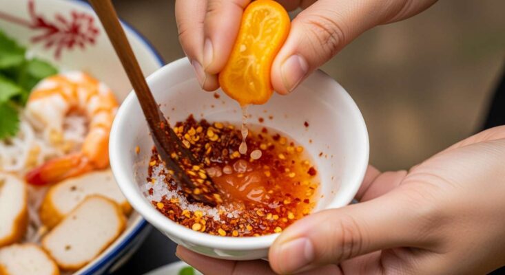 Trọn Bộ Kinh Nghiệm Du Lịch Phú Quốc 3 Ngày 2 Đêm (Cập Nhật 2026) 10 Du khách đang tự tay pha chế bát nước chấm ớt, tắc cho món bún quậy Phú Quốc.