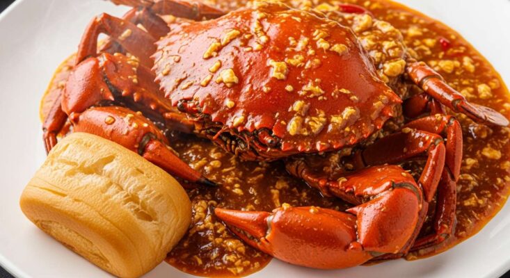 Cận cảnh món cua sốt ớt (Chilli Crab) Singapore đỏ rực, ăn kèm bánh bao chiên.