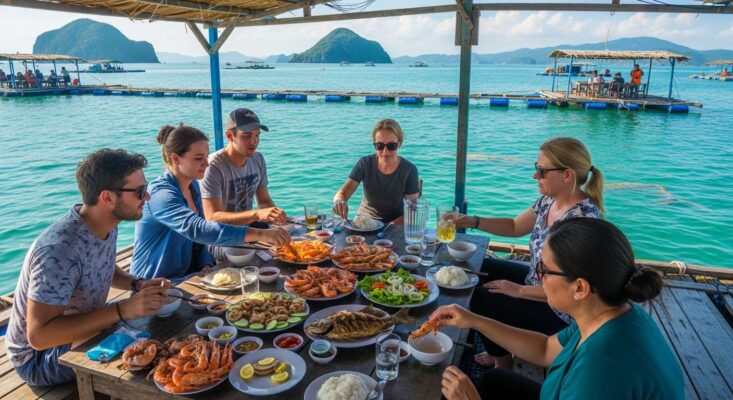 Du khách đang thưởng thức bữa trưa hải sản tươi ngon tại một nhà bè nổi ở Vịnh Nha Trang.