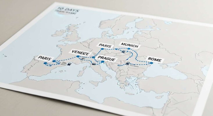 Bản đồ lộ trình Eurotrip 10 ngày, di chuyển bằng tàu hỏa qua 5 thành phố Paris, Venice, Munich, Prague, Rome.