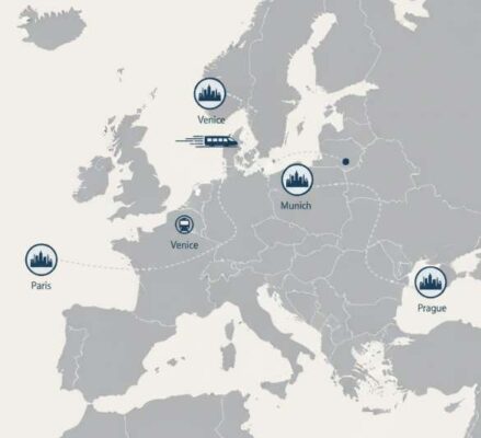 Infographic bản đồ lộ trình du lịch châu Âu 10 ngày qua 5 thành phố: Paris, Venice, Munich, Prague, Rome bằng tàu hỏa