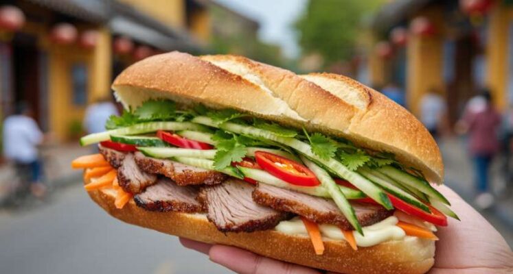 Cận cảnh một ổ bánh mì Phượng Hội An đầy ắp nhân, với vỏ giòn rụm và các loại thịt, rau thơm tươi ngon.